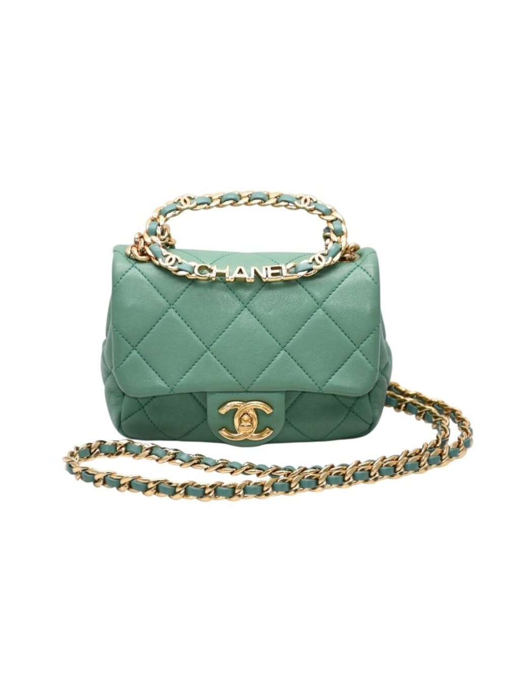 Chanel Mini Quilted Oval Logo Chain Handle Flap Bag Stand Lambskin Green Gold